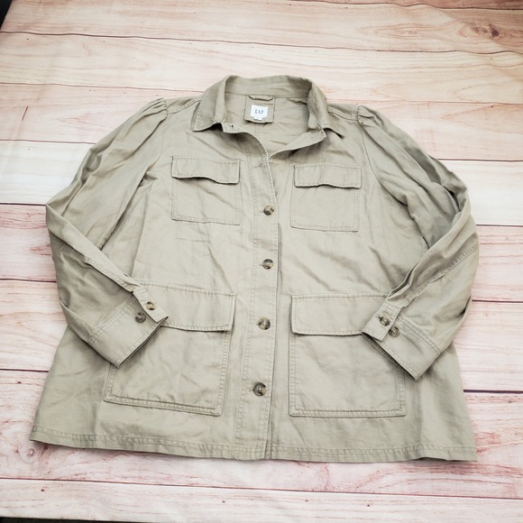 GAP Jackets & Blazers - GAP Jacket Women XL Khaki Tan Cotton Linen Blend Utility Field Button Ladies